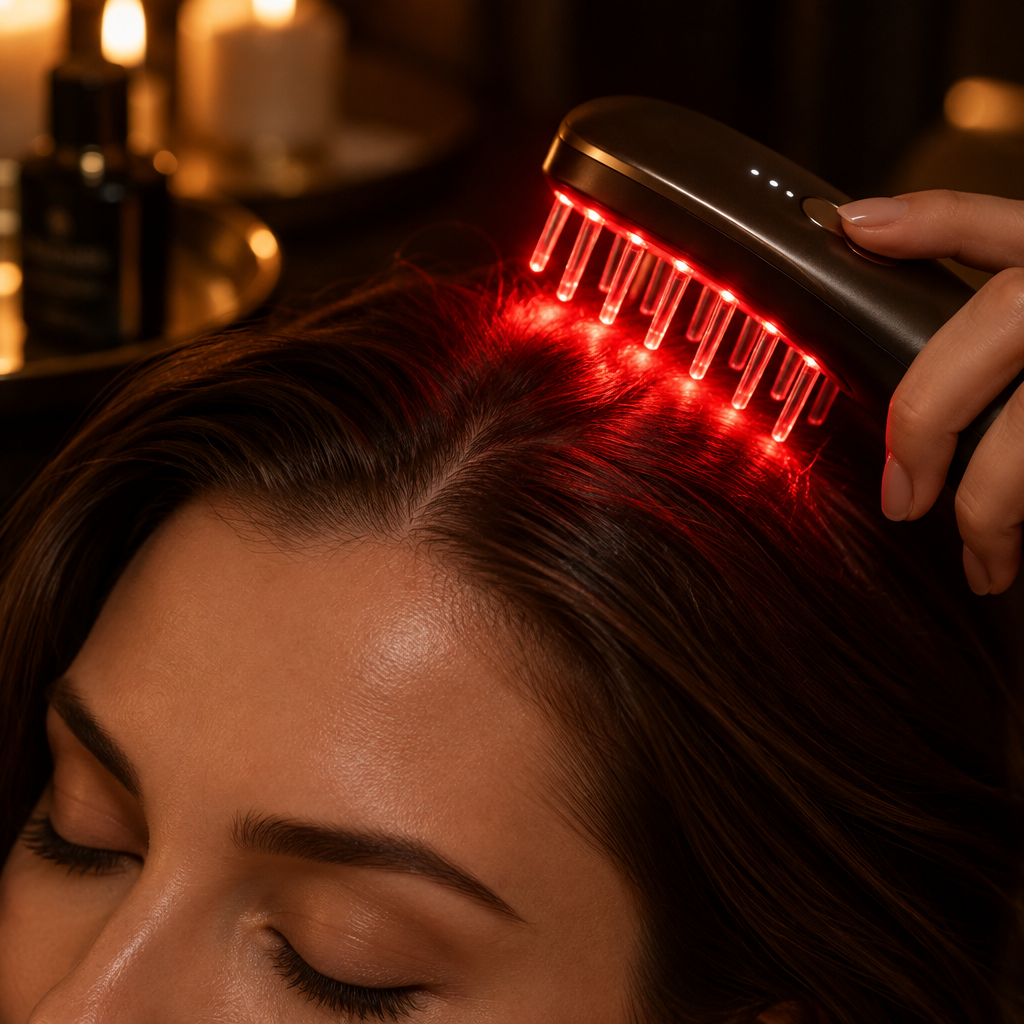 Person receiving red light therapy treatment on the scalp with the Rovay brush